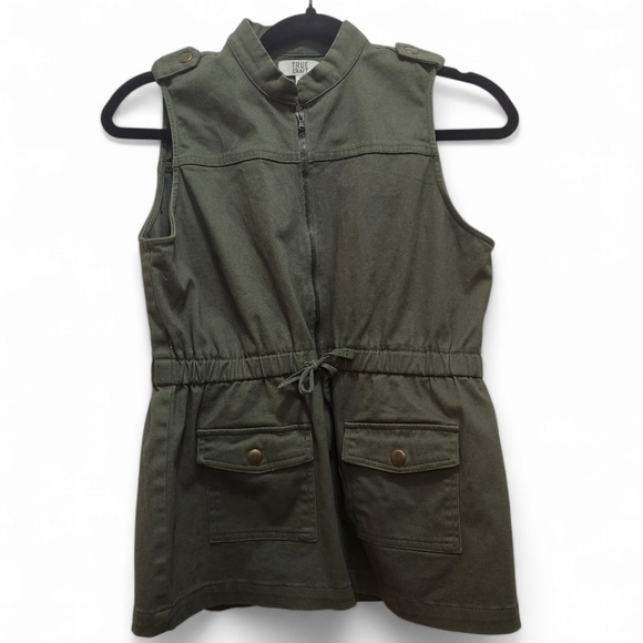 TRUE CRAFT Girls XL Olive Twill Vest Zipper Front Snap Cargo Pocket Gorpcore - Picture 1 of 5